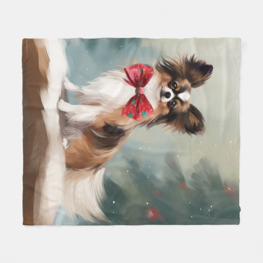 Papillon Hond in Sneeuw Kerstmis Fleece Deken (Voorkant (Horizontaal))