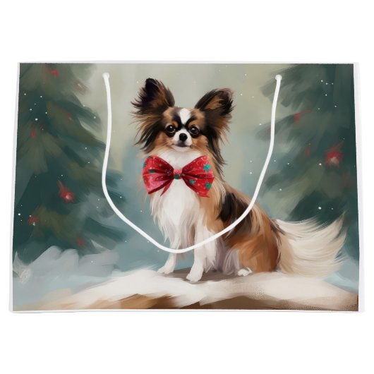 Papillon Hond in Sneeuw Kerstmis Groot Cadeauzakje (Voorkant)