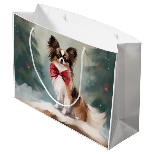 Papillon Hond in Sneeuw Kerstmis Groot Cadeauzakje (Achterkant Gekanteld)