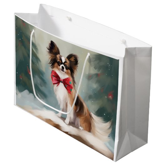 Papillon Hond in Sneeuw Kerstmis Groot Cadeauzakje (Voorkant Gekanteld)