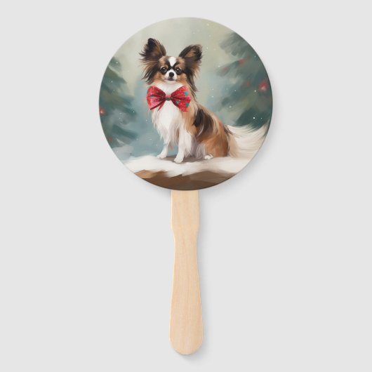 Papillon Hond in Sneeuw Kerstmis Handwaaier (Voorkant)