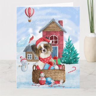 Papillon-hond in sneeuw Kerstmis Hondenhok Kaart