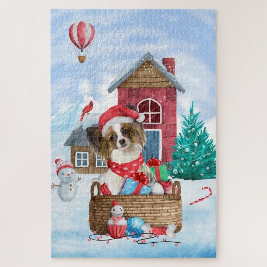 Papillon-hond in sneeuw Kerstmis Hondenhok Legpuzzel (Verticaal)