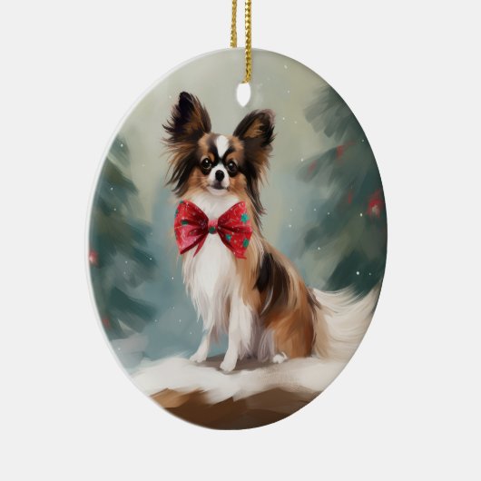 Papillon Hond in Sneeuw Kerstmis Keramisch Ornament (Rechts)