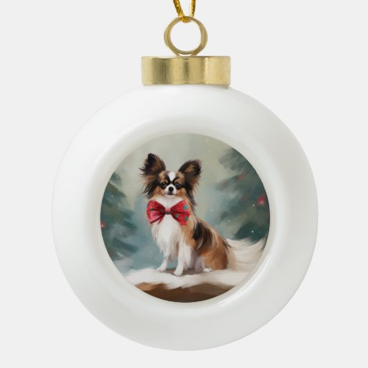 Papillon Hond in Sneeuw Kerstmis Keramische Bal Ornament (Voorkant)