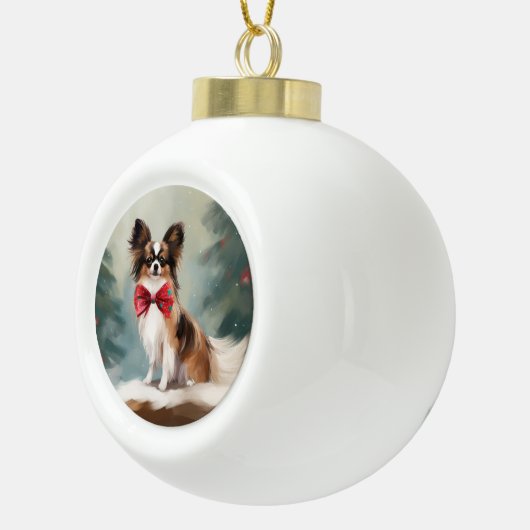 Papillon Hond in Sneeuw Kerstmis Keramische Bal Ornament (Rechts)