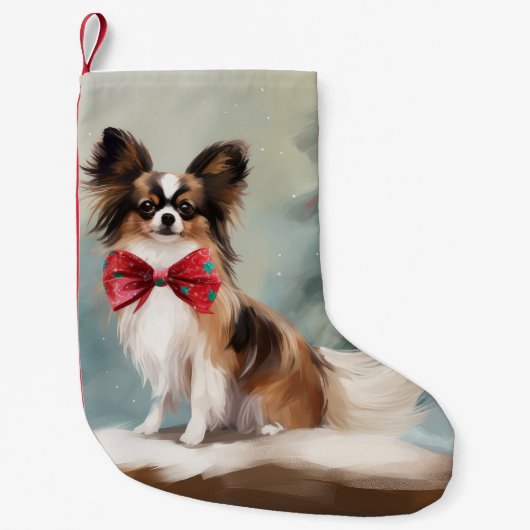 Papillon Hond in Sneeuw Kerstmis Kleine Kerstsok (Voorkant)