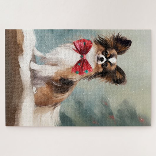 Papillon Hond in Sneeuw Kerstmis Legpuzzel (Horizontaal)