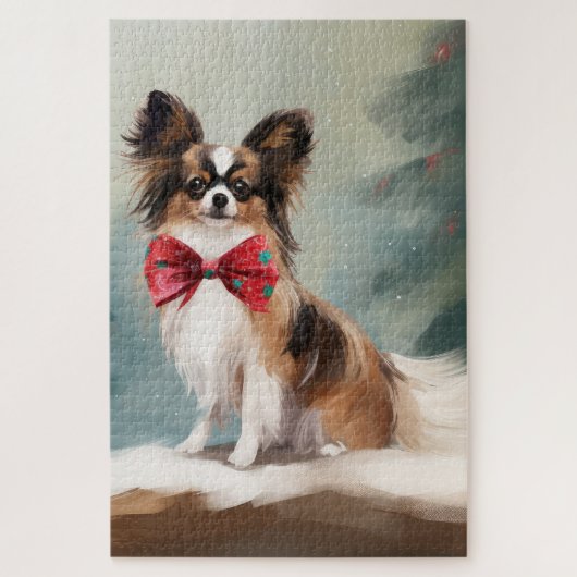 Papillon Hond in Sneeuw Kerstmis Legpuzzel (Verticaal)