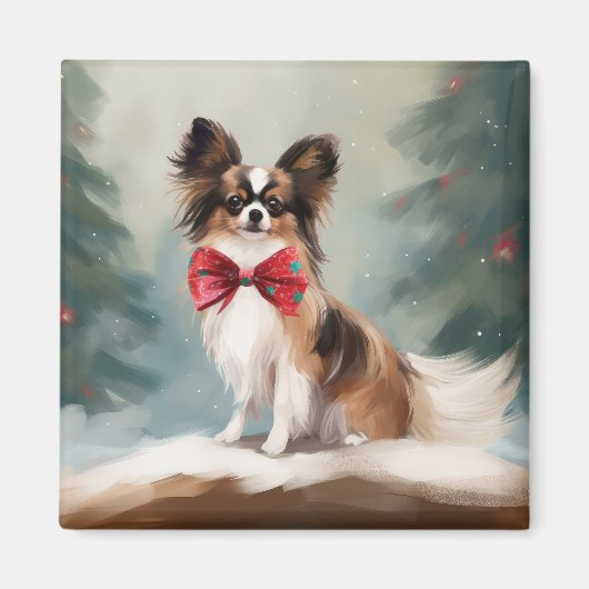 Papillon Hond in Sneeuw Kerstmis Magneet (Voorkant)