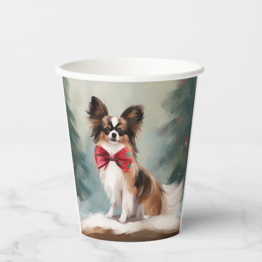 Papillon Hond in Sneeuw Kerstmis Papieren Bekers (Voorkant)