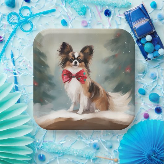 Papillon Hond in Sneeuw Kerstmis Papieren Bordje (Feest)