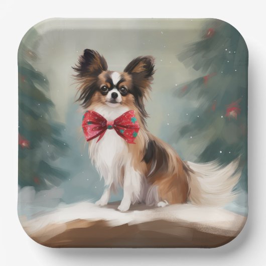 Papillon Hond in Sneeuw Kerstmis Papieren Bordje (Voorkant)