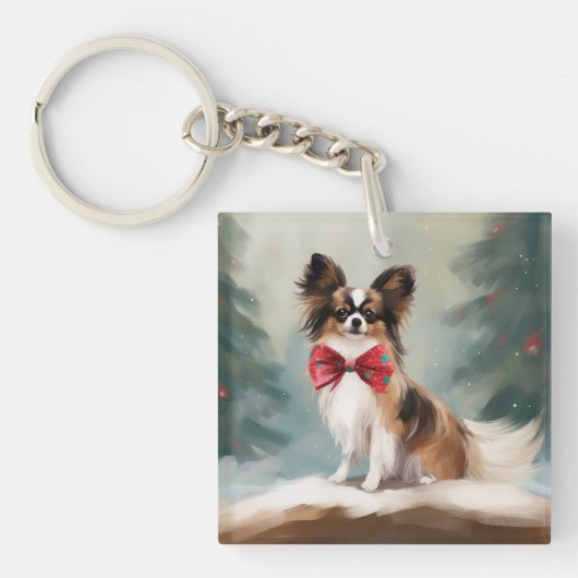 Papillon Hond in Sneeuw Kerstmis Sleutelhanger (Voorkant)