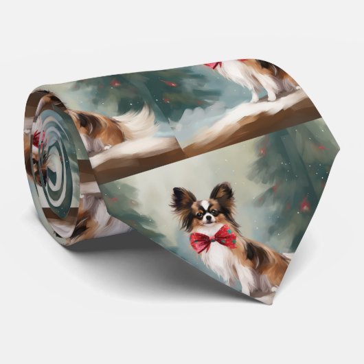 Papillon Hond in Sneeuw Kerstmis Stropdas (Opgerold)