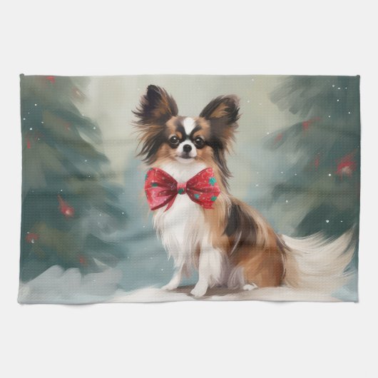 Papillon Hond in Sneeuw Kerstmis Theedoek (Horizontaal)