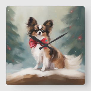 Papillon Hond in Sneeuw Kerstmis Vierkante Klok