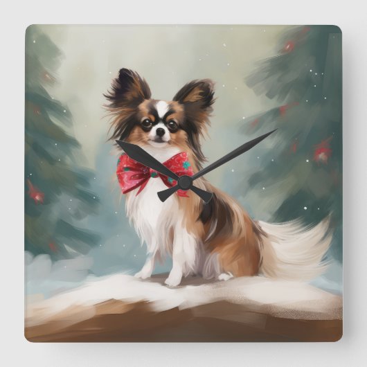 Papillon Hond in Sneeuw Kerstmis Vierkante Klok (Voorkant)