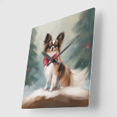 Papillon Hond in Sneeuw Kerstmis Vierkante Klok (Hoek)