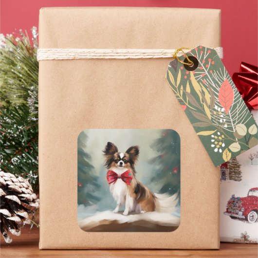 Papillon Hond in Sneeuw Kerstmis Vierkante Sticker (Feestdagen)