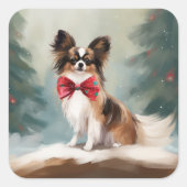 Papillon Hond in Sneeuw Kerstmis Vierkante Sticker (Voorkant)