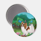 Papillon Hond in Tuin Ronde Magnet (Voorkant / Achterkant)