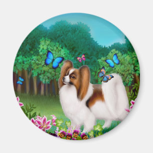 Papillon Hond in Tuin Ronde Magnet