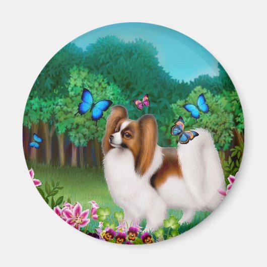 Papillon Hond in Tuin Ronde Magnet (Voorkant)