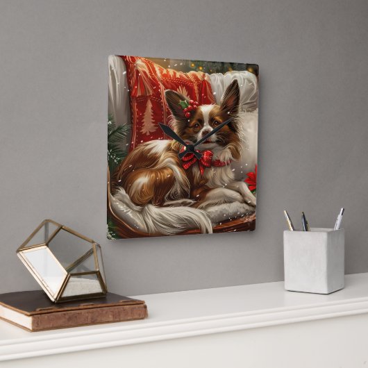 Papillon Hond Kerst Festief Vierkante Klok (Kantoor)