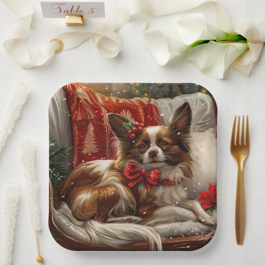 Papillon Hond Kerst Festiviteit Papieren Bordje (Huwelijk)