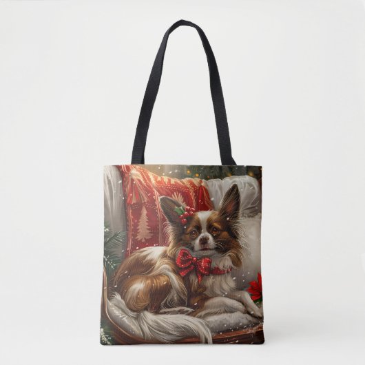 Papillon Hond Kerst Festiviteit Tote Bag (Voorkant)