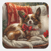 Papillon Hond Kerst Festiviteit Vierkante Sticker (Voorkant)