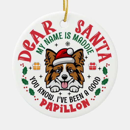 Papillon Hond Kerstboom gepersonaliseerd Keramisch Ornament (Voorkant)