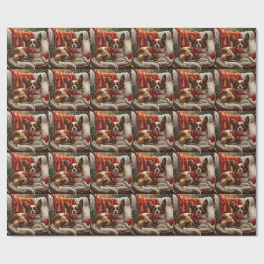 Papillon Hond Kerstfeest Cadeaupapier (Vlak)