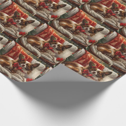 Papillon Hond Kerstfeest Cadeaupapier (Hoek)