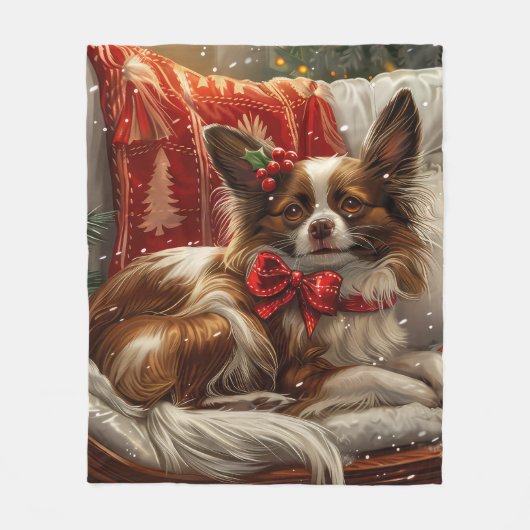 Papillon Hond Kerstfeest Fleece Deken (Voorkant)