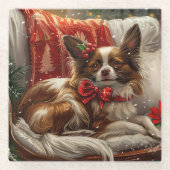 Papillon Hond Kerstfeest Glazen Onderzetter (Voorkant)