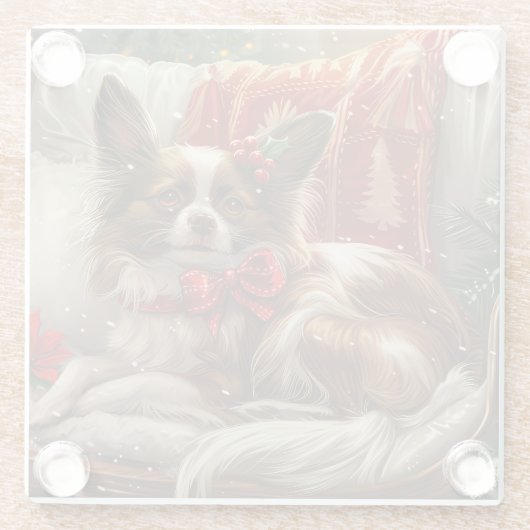 Papillon Hond Kerstfeest Glazen Onderzetter (Achterkant)