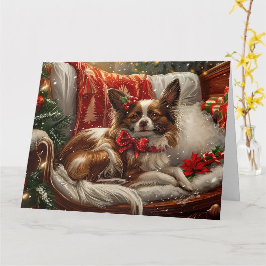 Papillon Hond Kerstfeest Kaart (Gele Bloem)