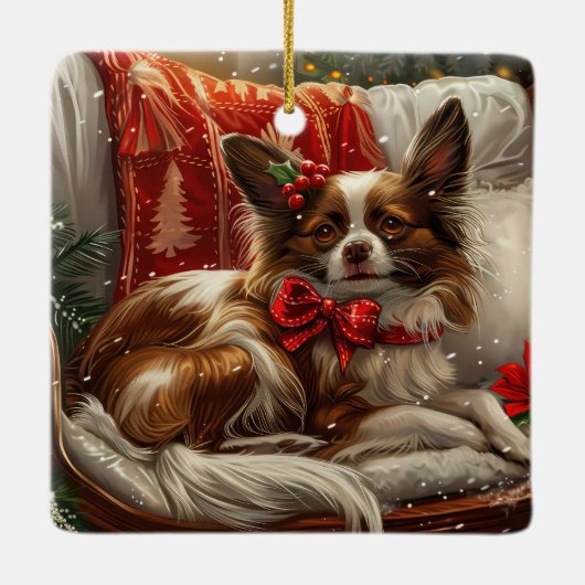 Papillon Hond Kerstfeest Keramisch Ornament (Achterkant)