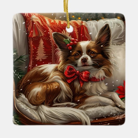 Papillon Hond Kerstfeest Keramisch Ornament (Voorkant)
