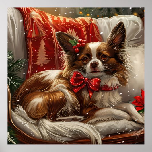 Papillon Hond Kerstfeest Poster (Voorkant)