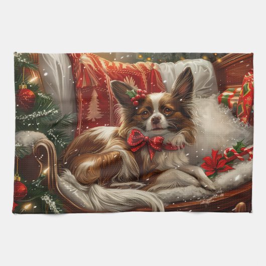 Papillon Hond Kerstfeest Theedoek (Horizontaal)