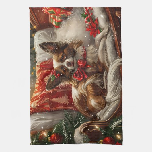 Papillon Hond Kerstfeest Theedoek (Verticaal)