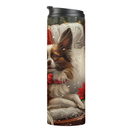 Papillon Hond Kerstfeest Thermosbeker (Geroteerd rechts)
