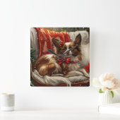 Papillon Hond Kerstfeest Vierkante Klok (Huis)