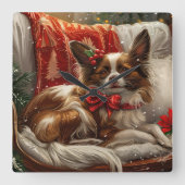 Papillon Hond Kerstfeest Vierkante Klok (Voorkant)