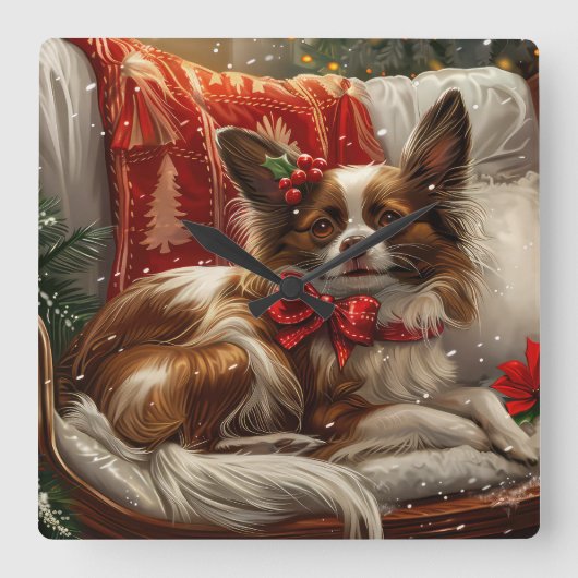 Papillon Hond Kerstfeest Vierkante Klok (Voorkant)