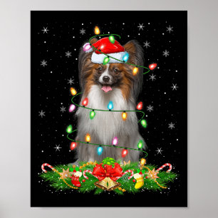 Papillon-hond kerstlichtjes Funny Santa-hoed Kerst Poster