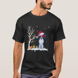 Papillon Hond Kerstman Hoed Feestelijke Boom Licht T-shirt